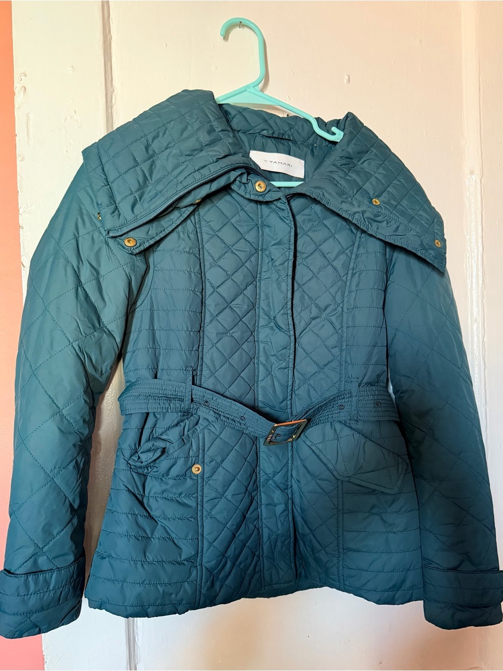 Tahari Teal Quilted Belted Puffer Jacket